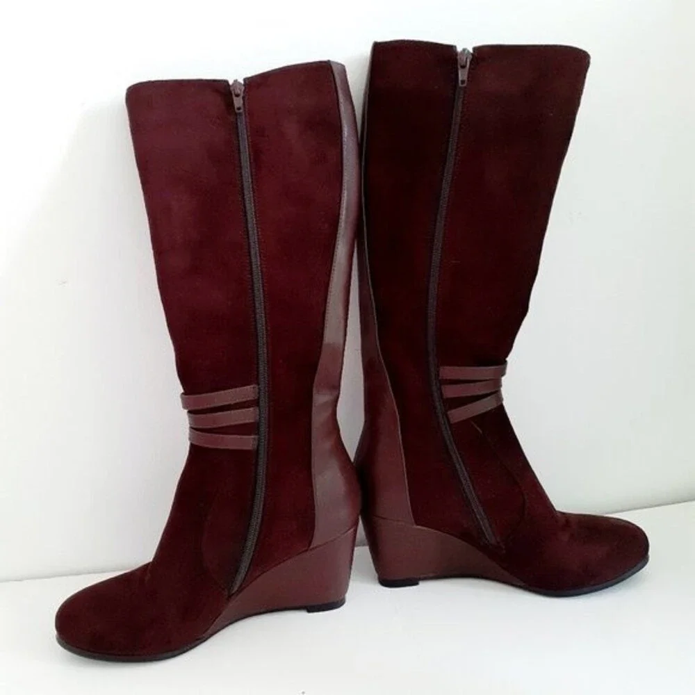 Vittorio D' Firenze Knee High Chestnut Faux Suede Leather FullZip Wedge Boots S6